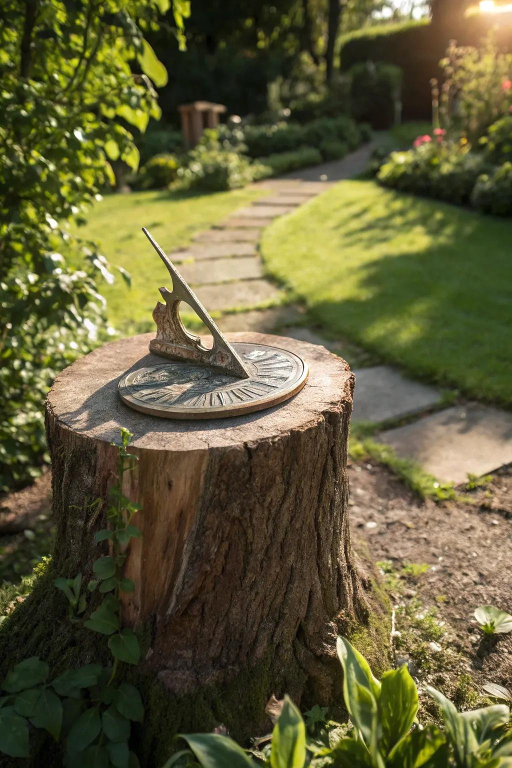 A sundial atop a stump introduces an element of antiquity and allure.