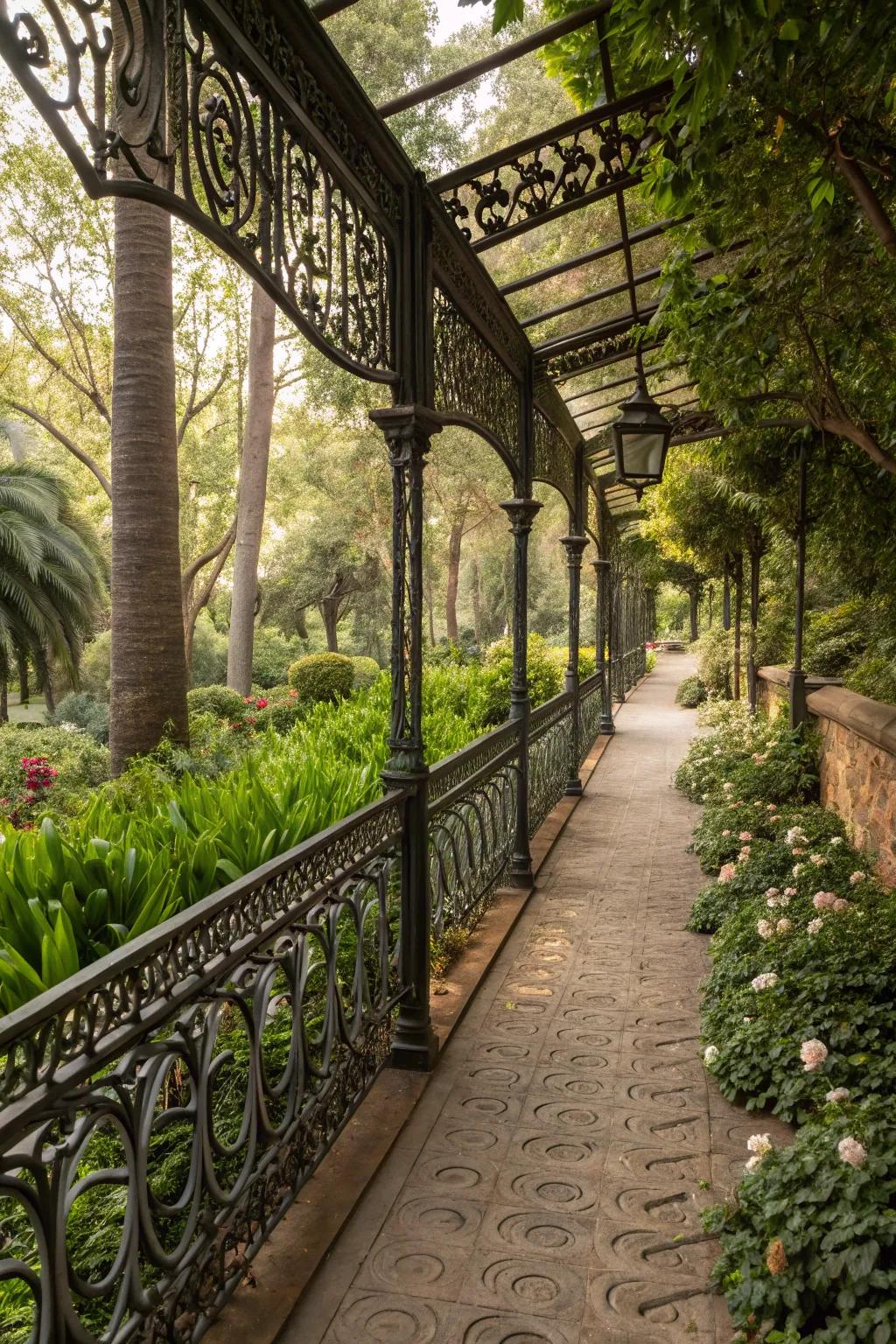Detailed forged iron barriers add artistry to outdoor paths.