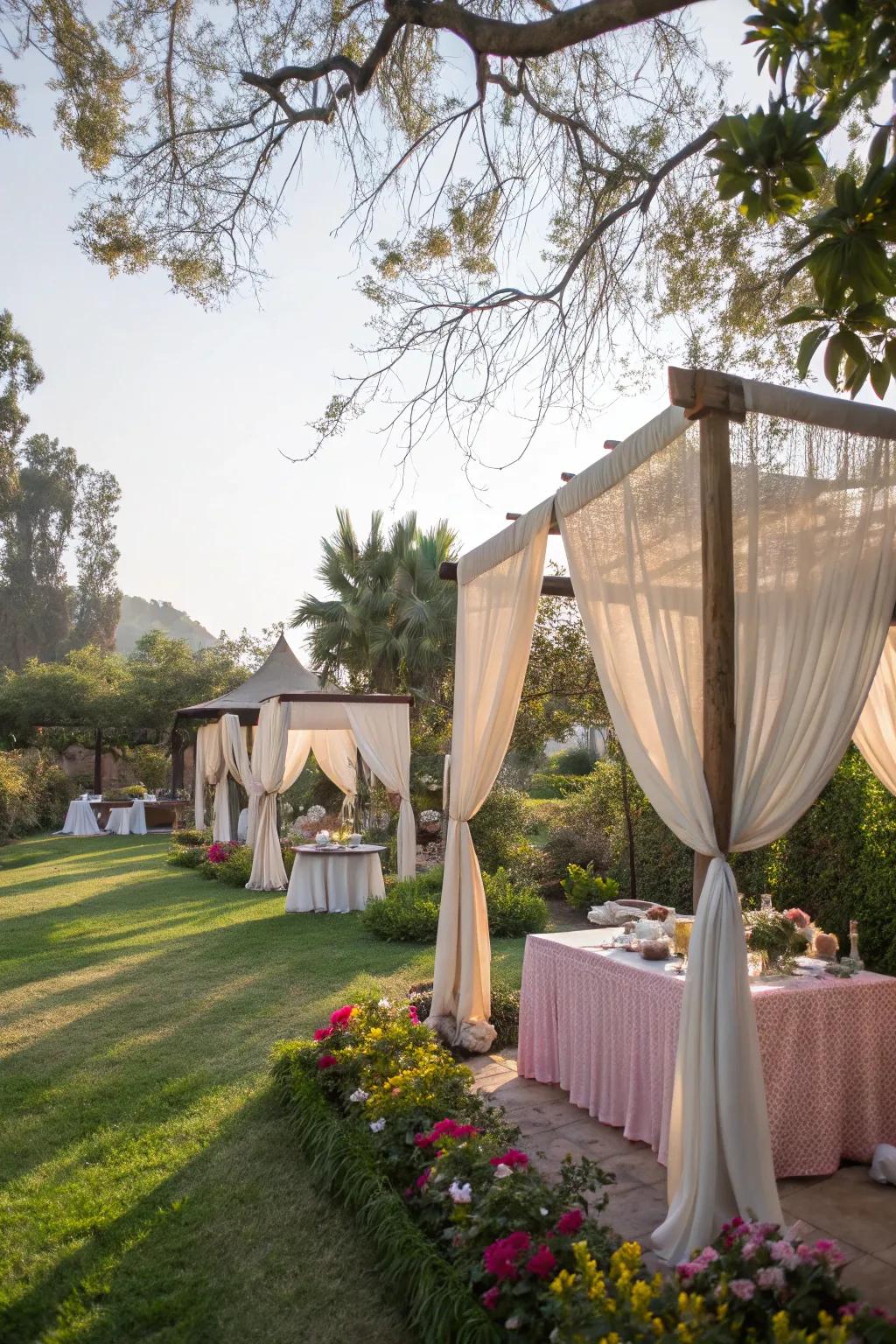 Shadowed awnings fashion a snug and intimate atmosphere for attendees.