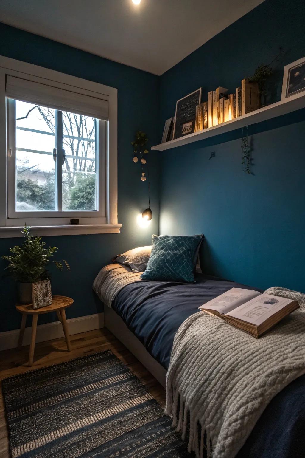 Deep indigos can lend a soothing, protective effect to smaller bedrooms.