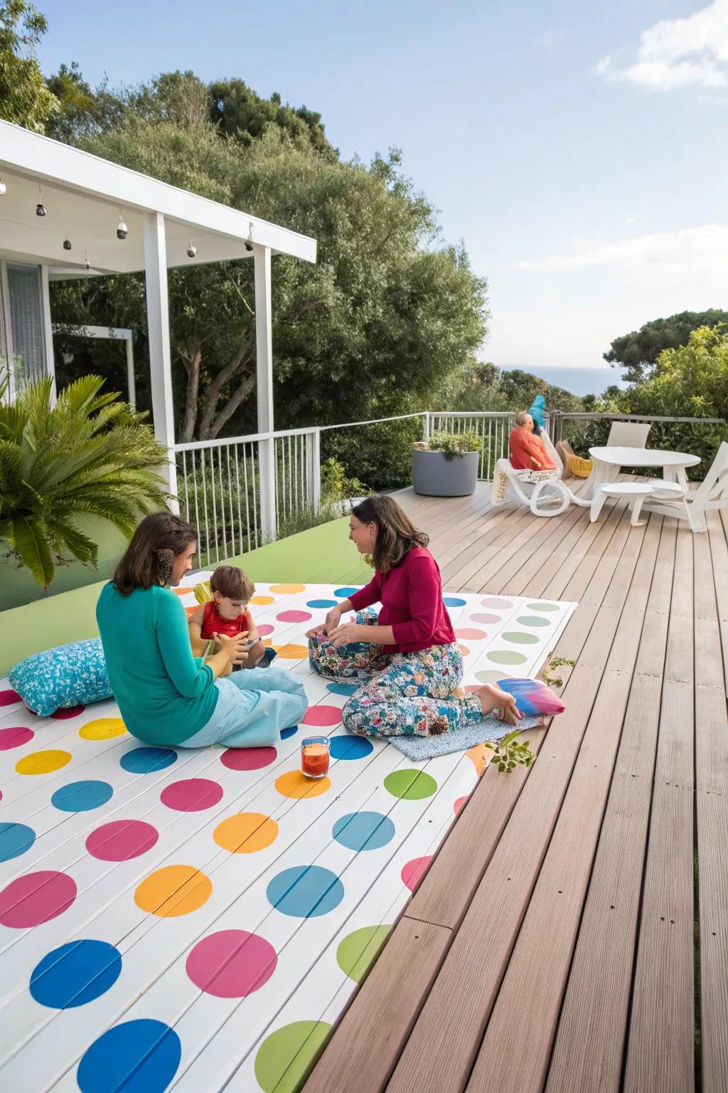 A lively polka dot pattern on a deck, rendering it an inviting area for families.