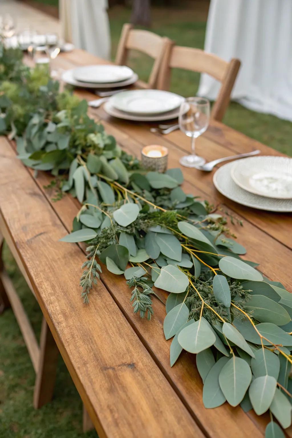 A vibrant centerpiece overflowing with lush greenery, including eucalyptus.