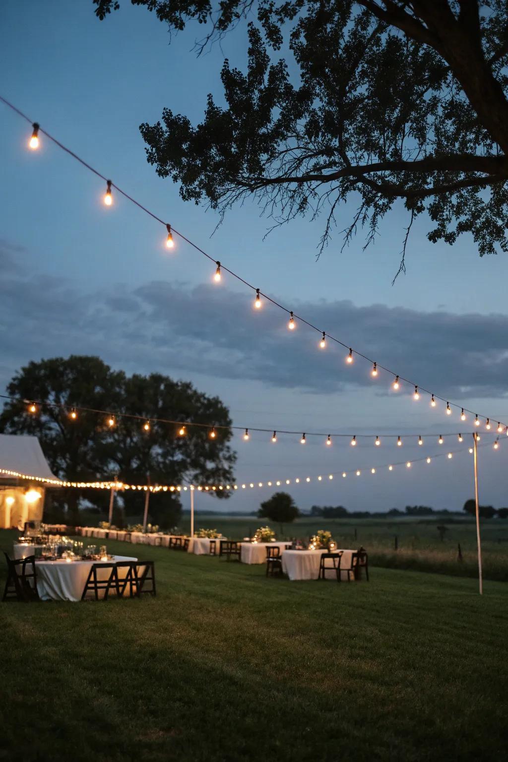 Festoon lights add a magical radiance to the pasture reception.
