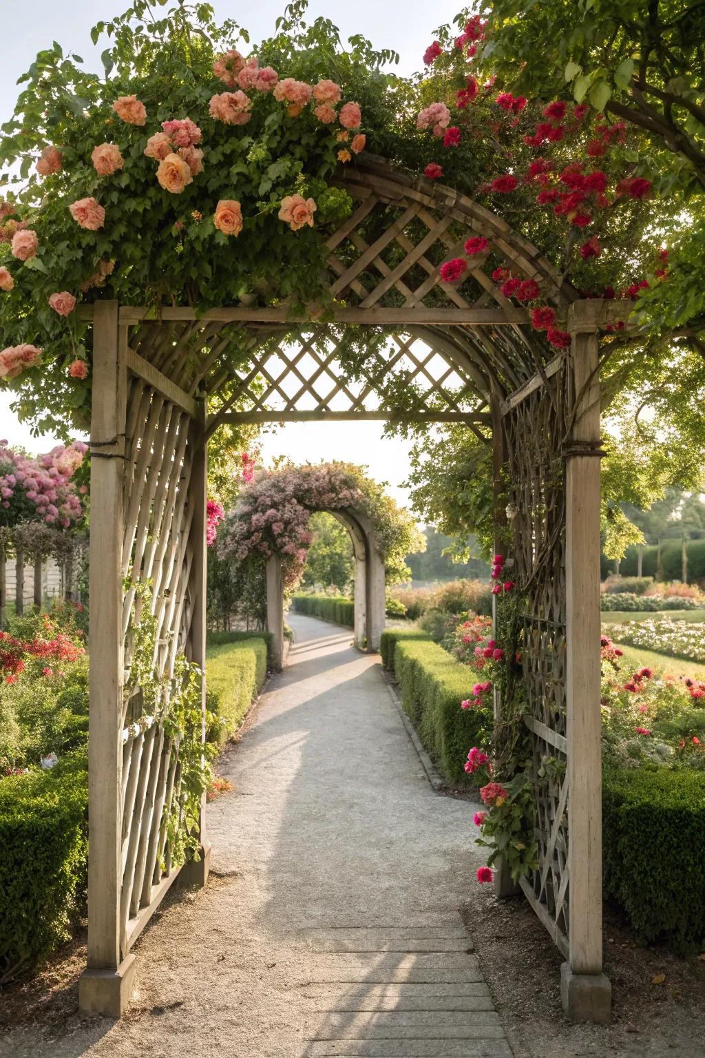 A vine-wrapped lattice arbor creates a welcoming entrance to your garden path.