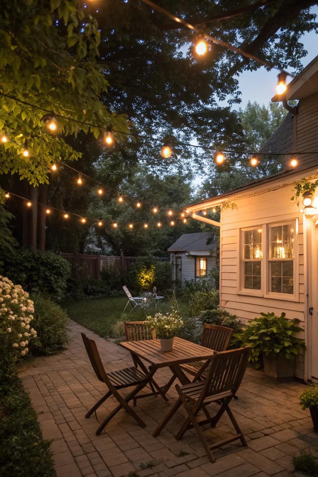 Garland lights illuminate a small patio with a cozy glow.