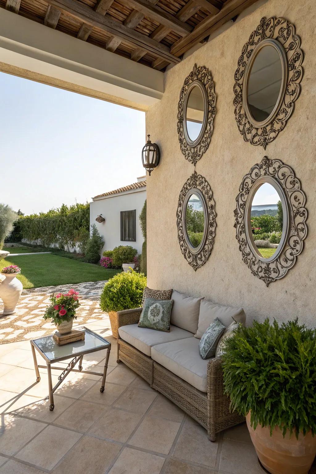Ornate mirrors enhance light and space on the patio wall.
