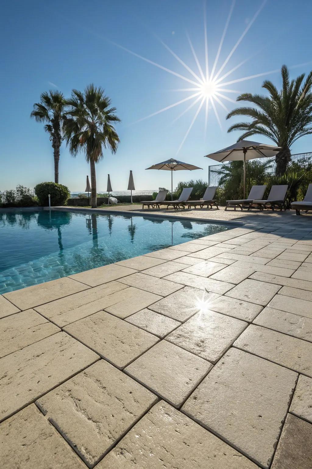 Pale-toned paving stones assist in keeping the pool patio cool and comfy.