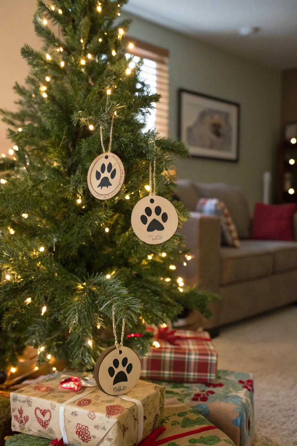 Personalized paw impression ornaments adding a personal touch to a Christmas tree.