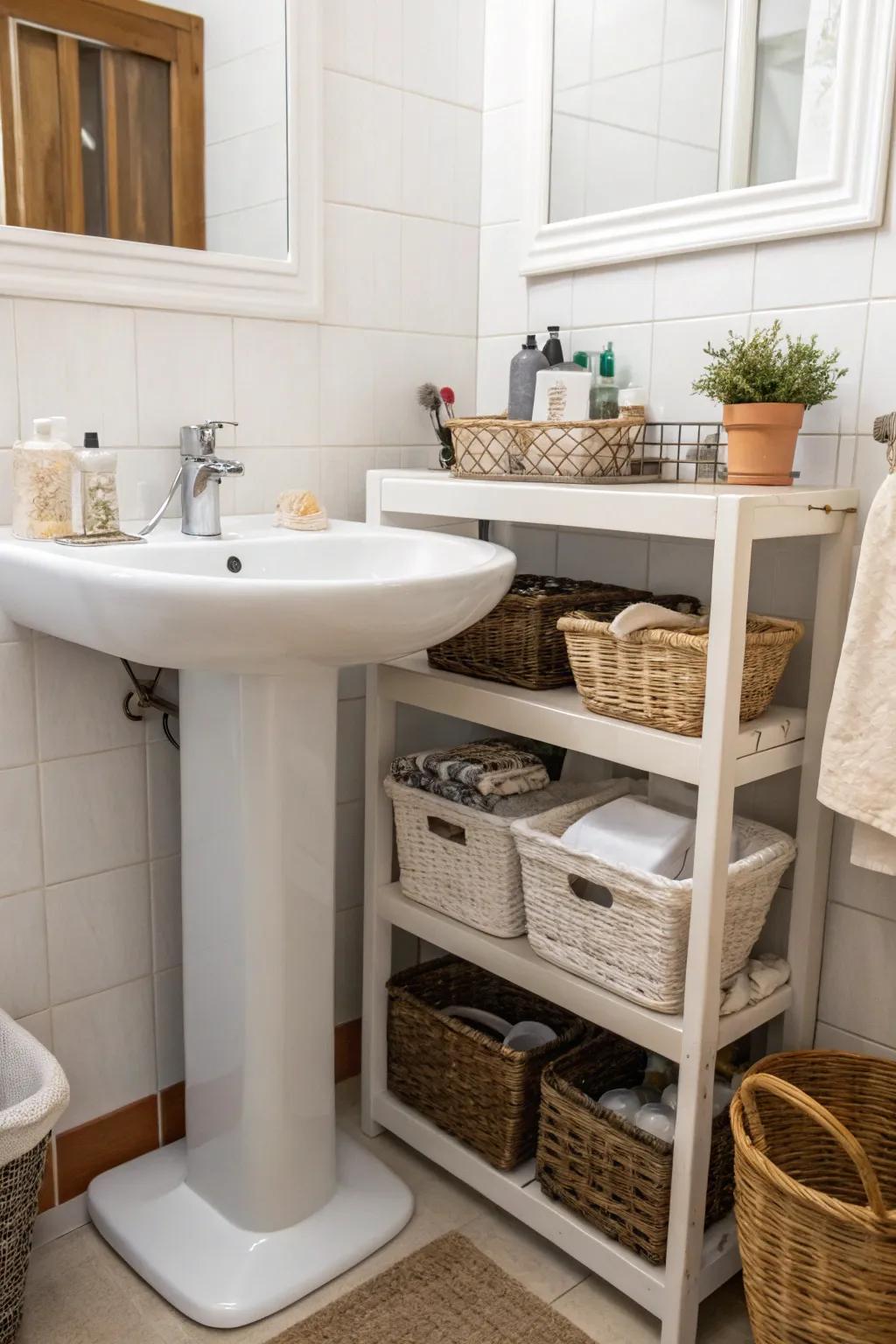 Baskets and bins contribute both charm and organization.
