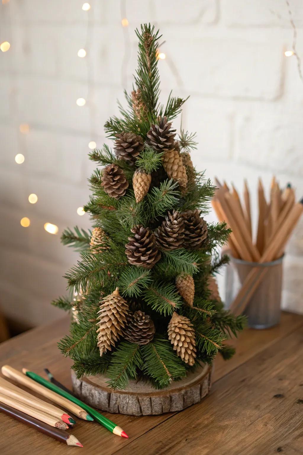 Nature-inspired slim Christmas tree with conifer cones and limbs.