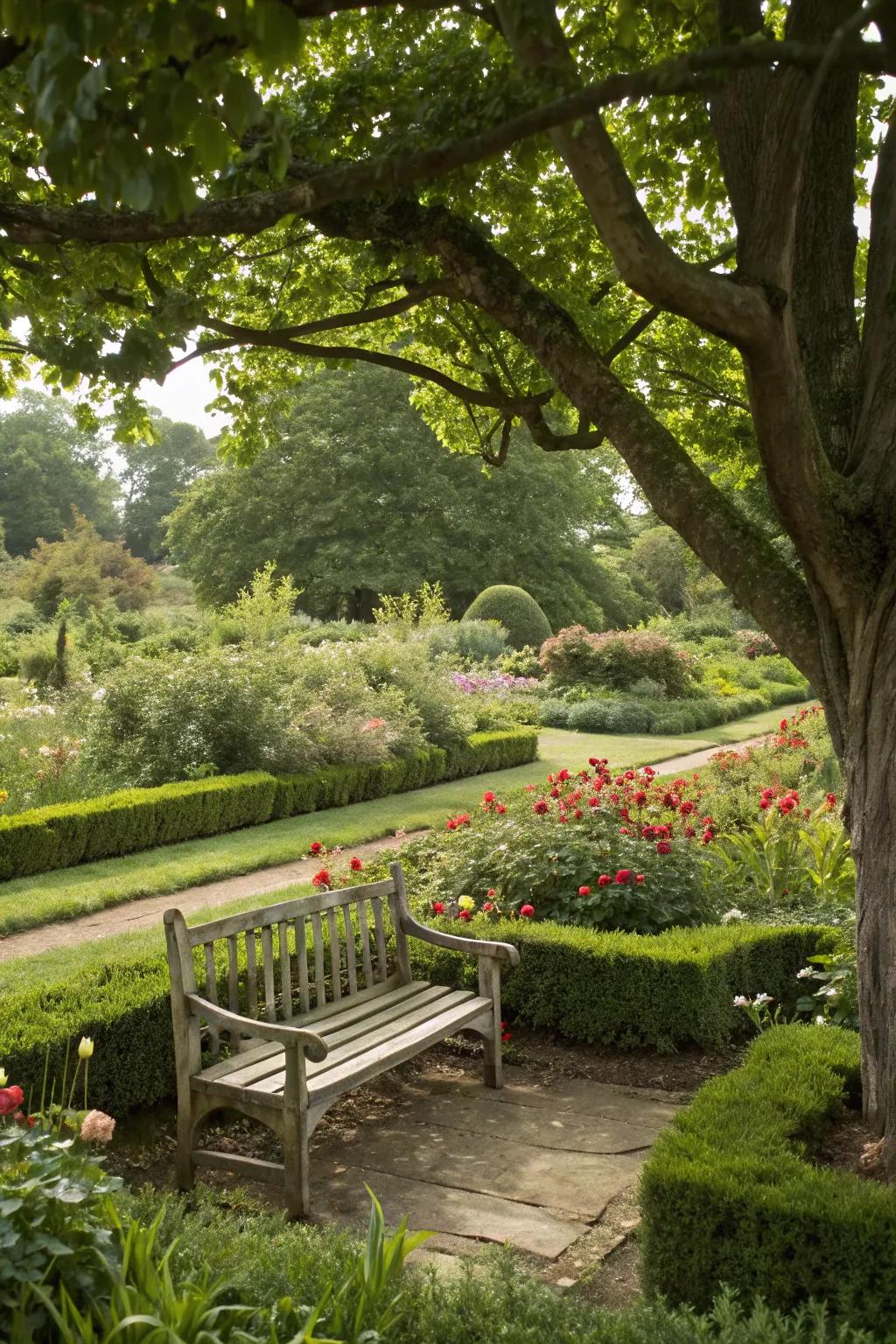 A tranquil sitting alcove provides a venue to cherish moments with your pets in the garden.