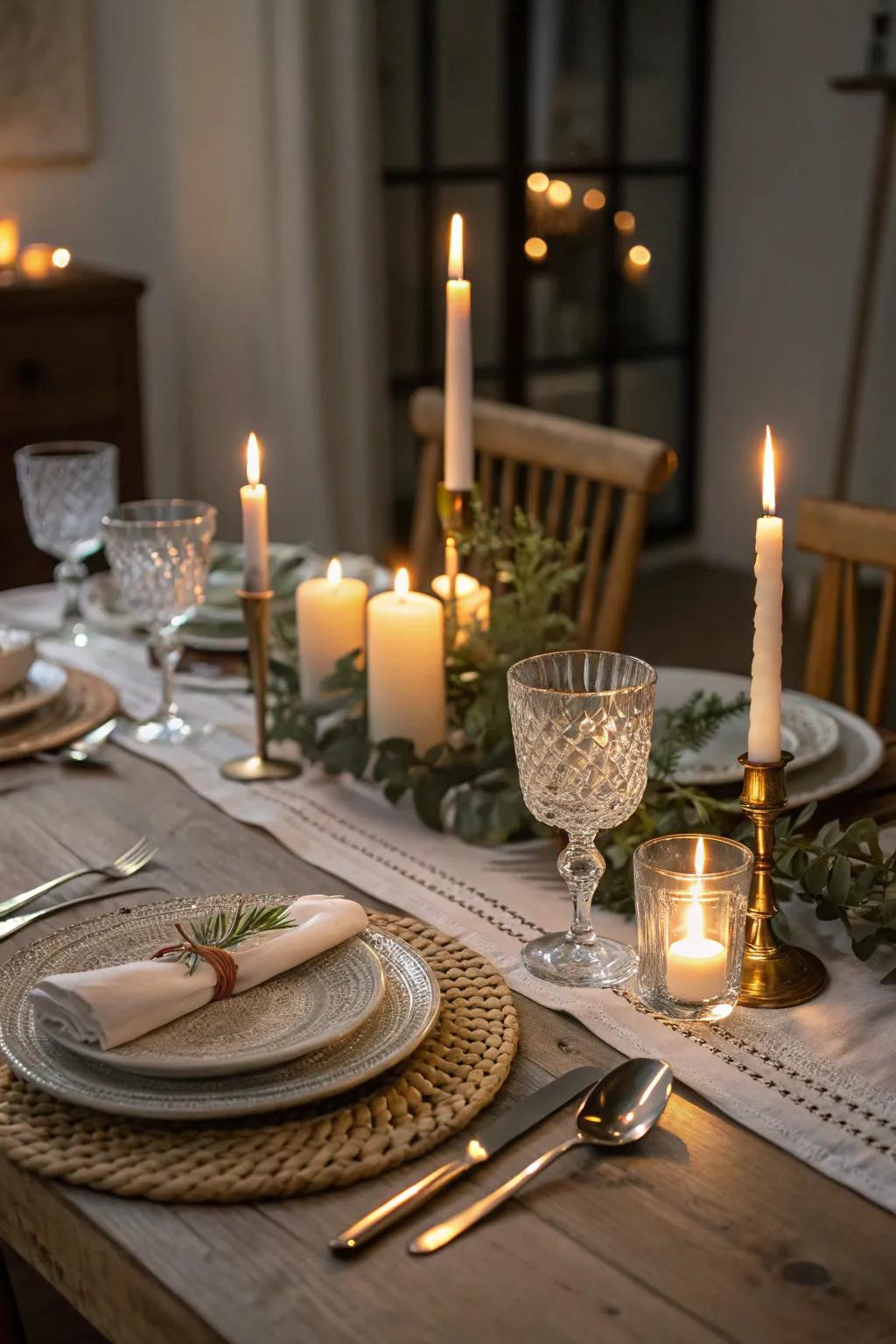 A gracefully arranged table featuring a toasty illuminated ambiance.