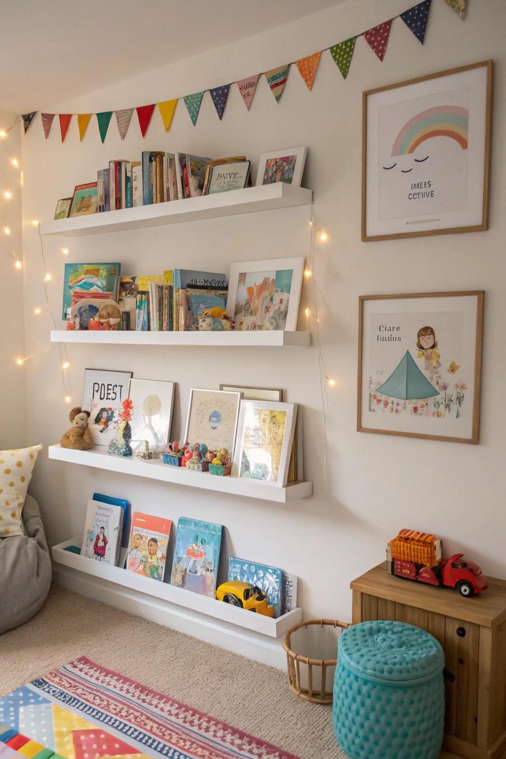 Nursery picture ledges with books, toys, and art.