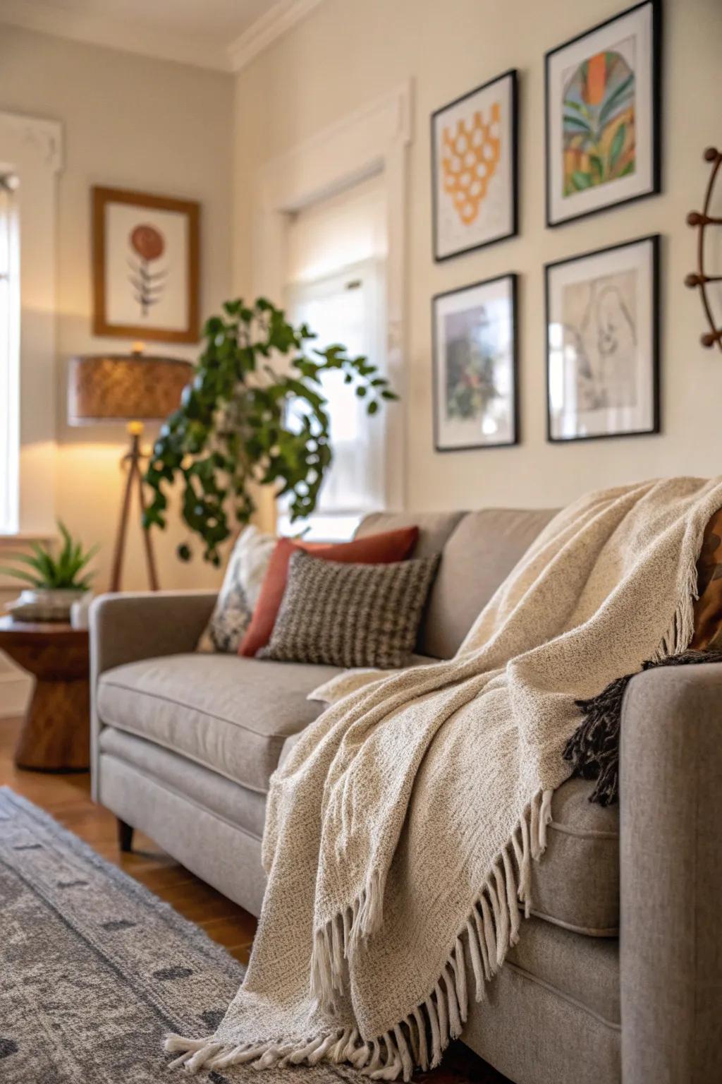 A throw loosely draped over a couch corner for an effortless look.