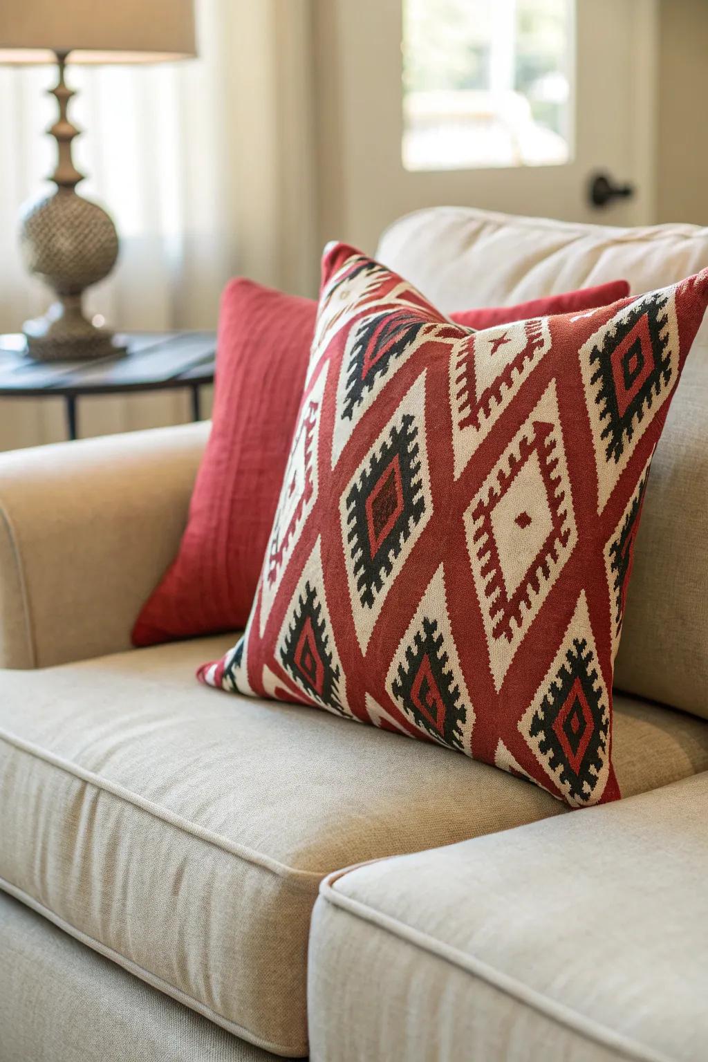 A bold accent pillow serving as a focal point in the room.