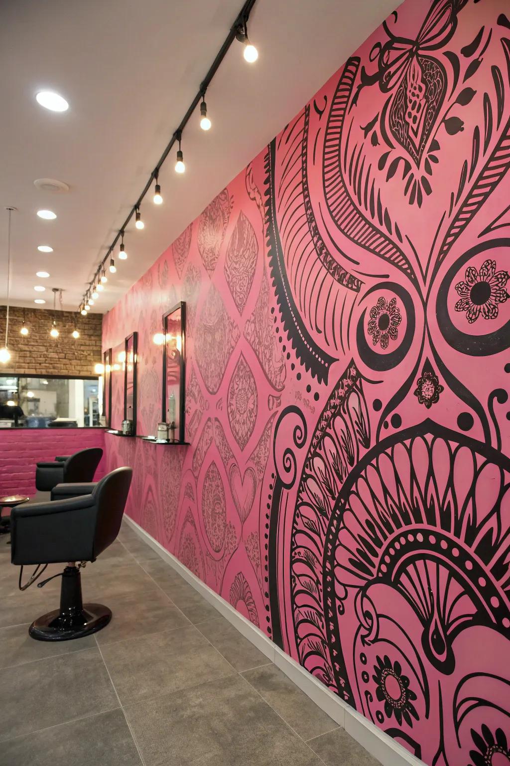 Artistic wall paintings amplify the salon's visual charm.