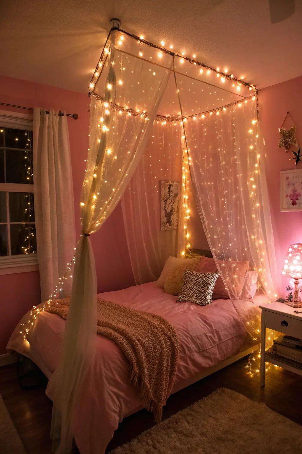 Delicate lights cast a magical luminescence throughout the room.