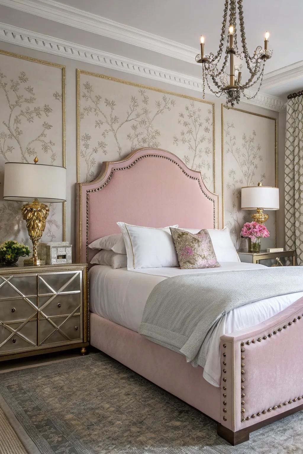An elegantly classic space showcasing a pink pinpoint trim headboard.