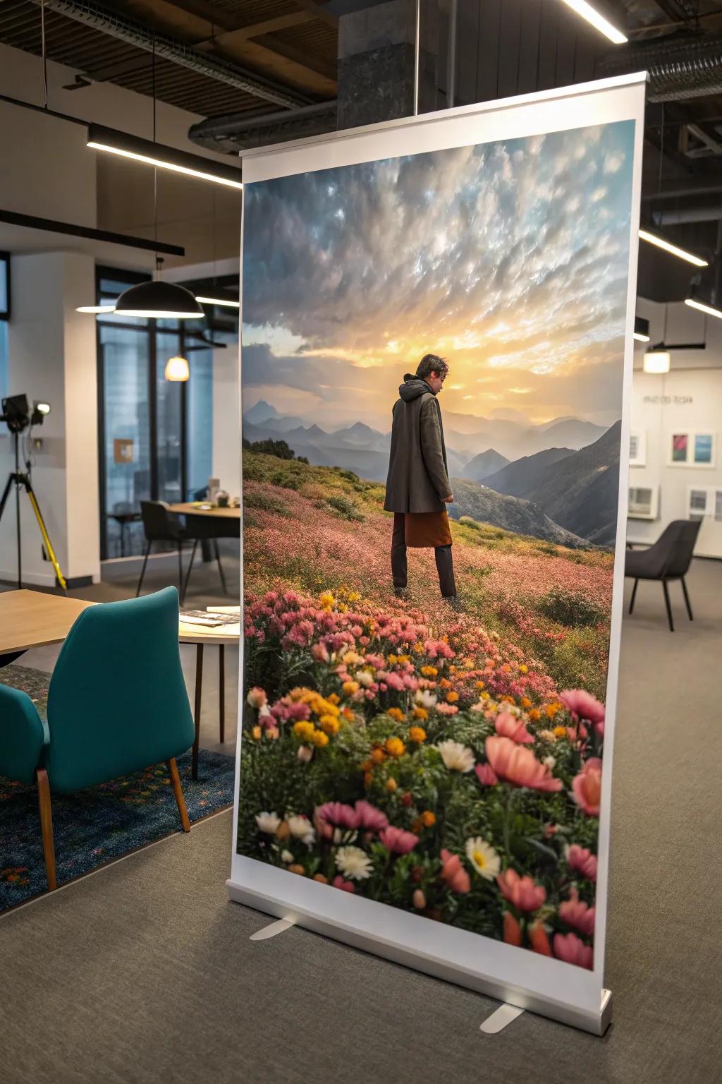 A dreamlike print featuring a figure adorned with blossoms in an inventive workspace.