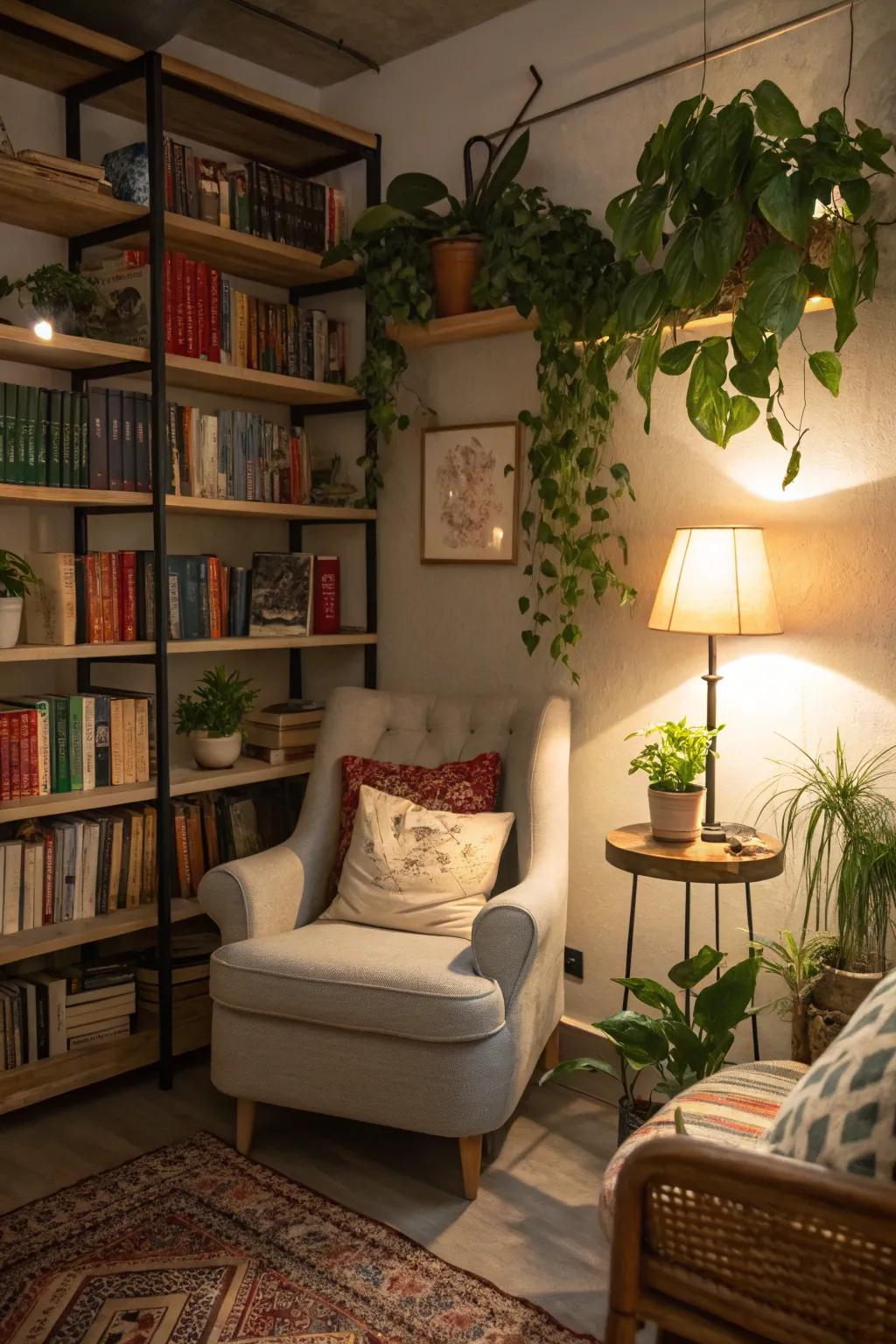 Establish a tranquil reading space with plant shelves.