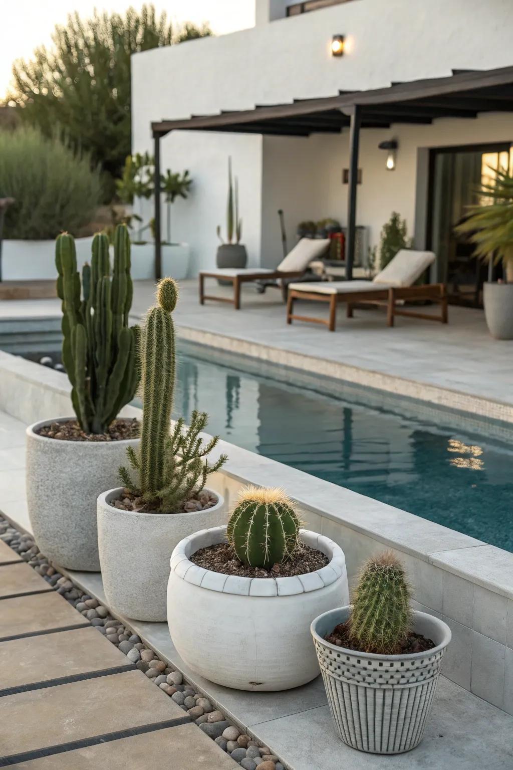 Cacti contribute a distinctive, contemporary charm to poolside decor.