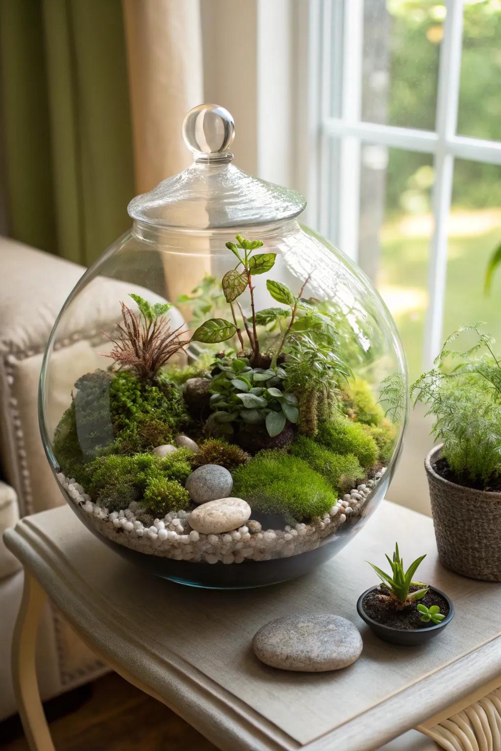 A striking glass garden, a unique and tranquil gift idea for mom.