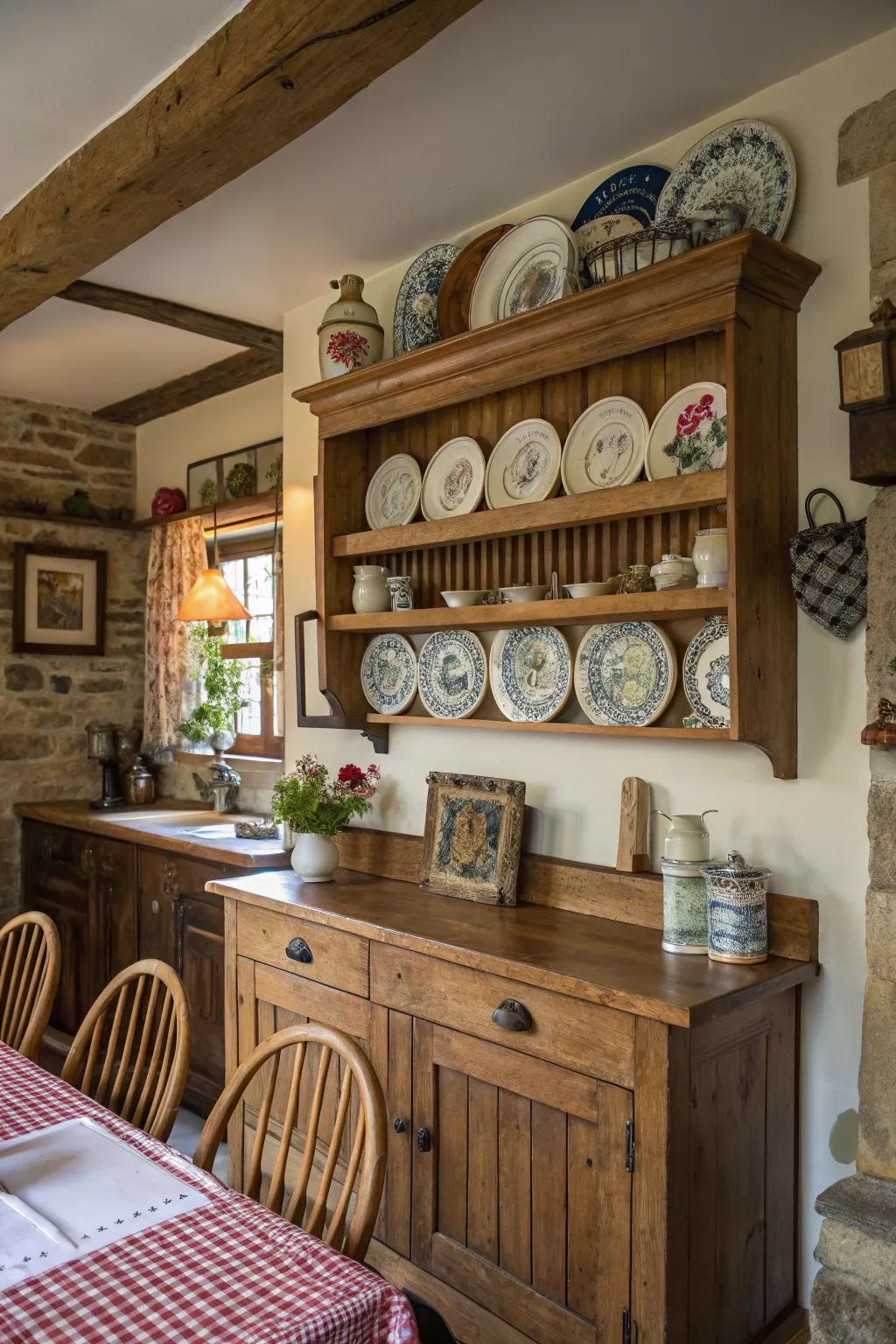 A rustic kitchen featuring an alluring timbered plate rail