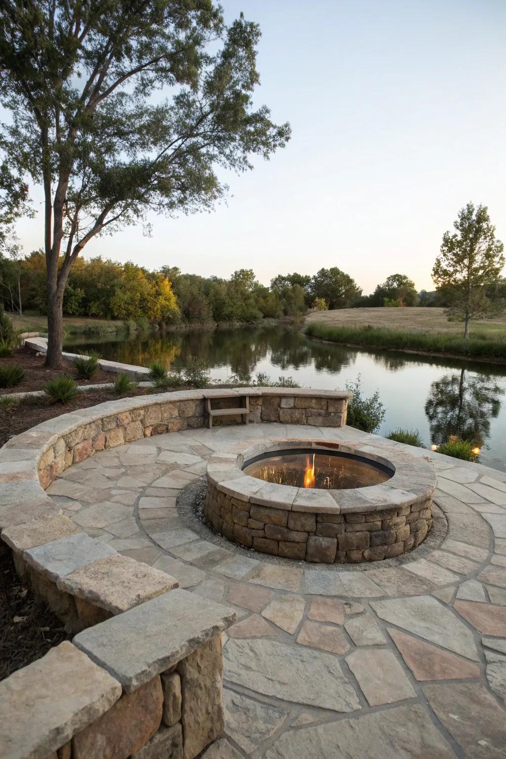 A fire pit near the pond creates a cozy gathering location.