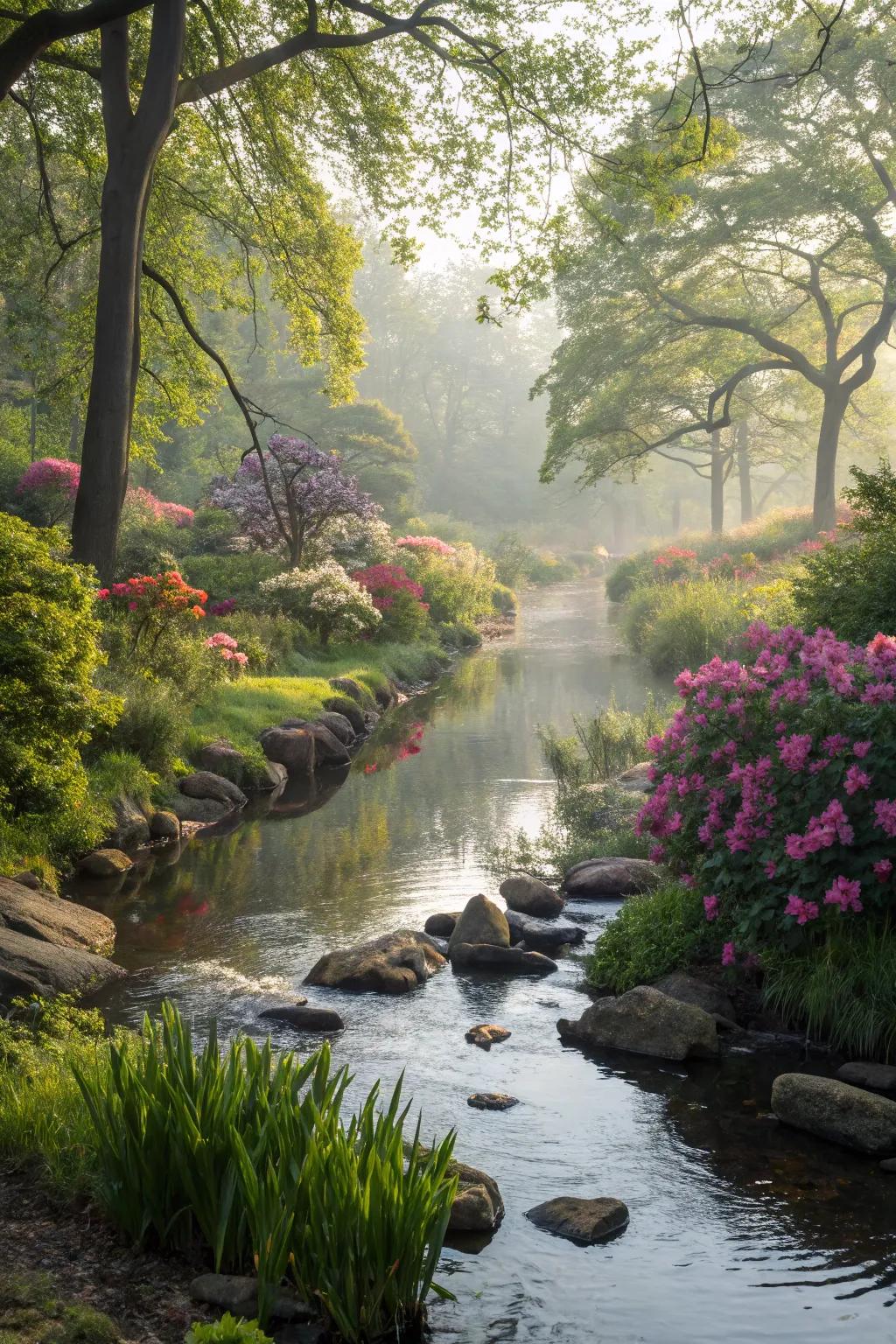 Incorporate your stream with the neighboring garden components, to give it an authentic aesthetic.