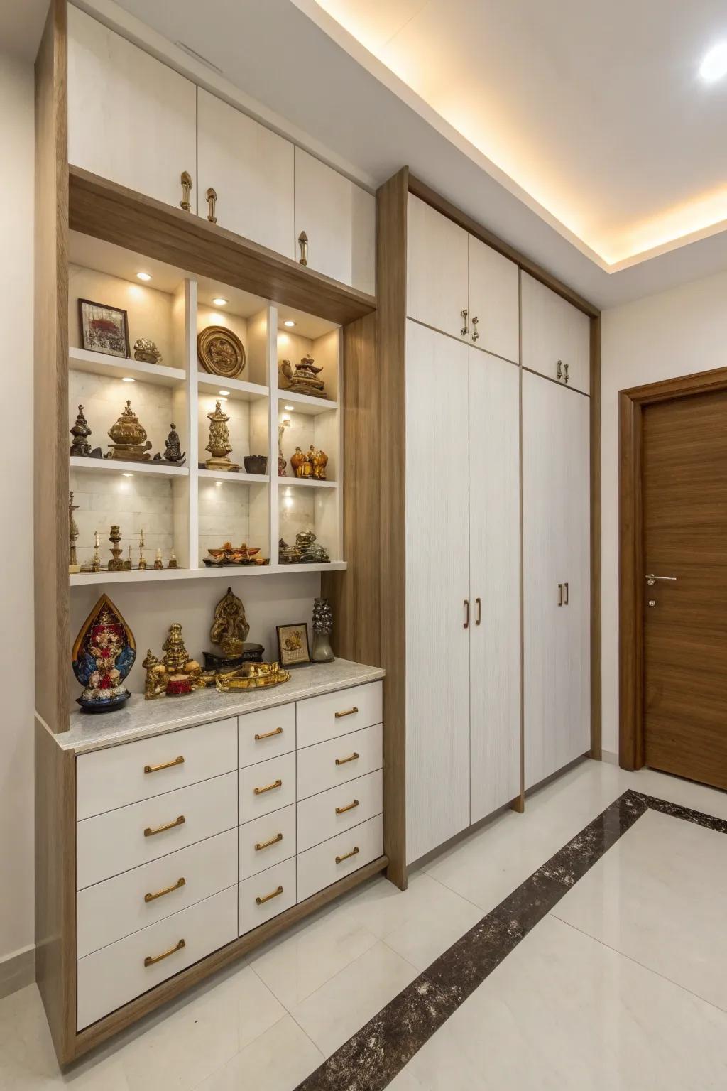 Immaculate and organized, smart shelving keeps this pooja room free of clutter.