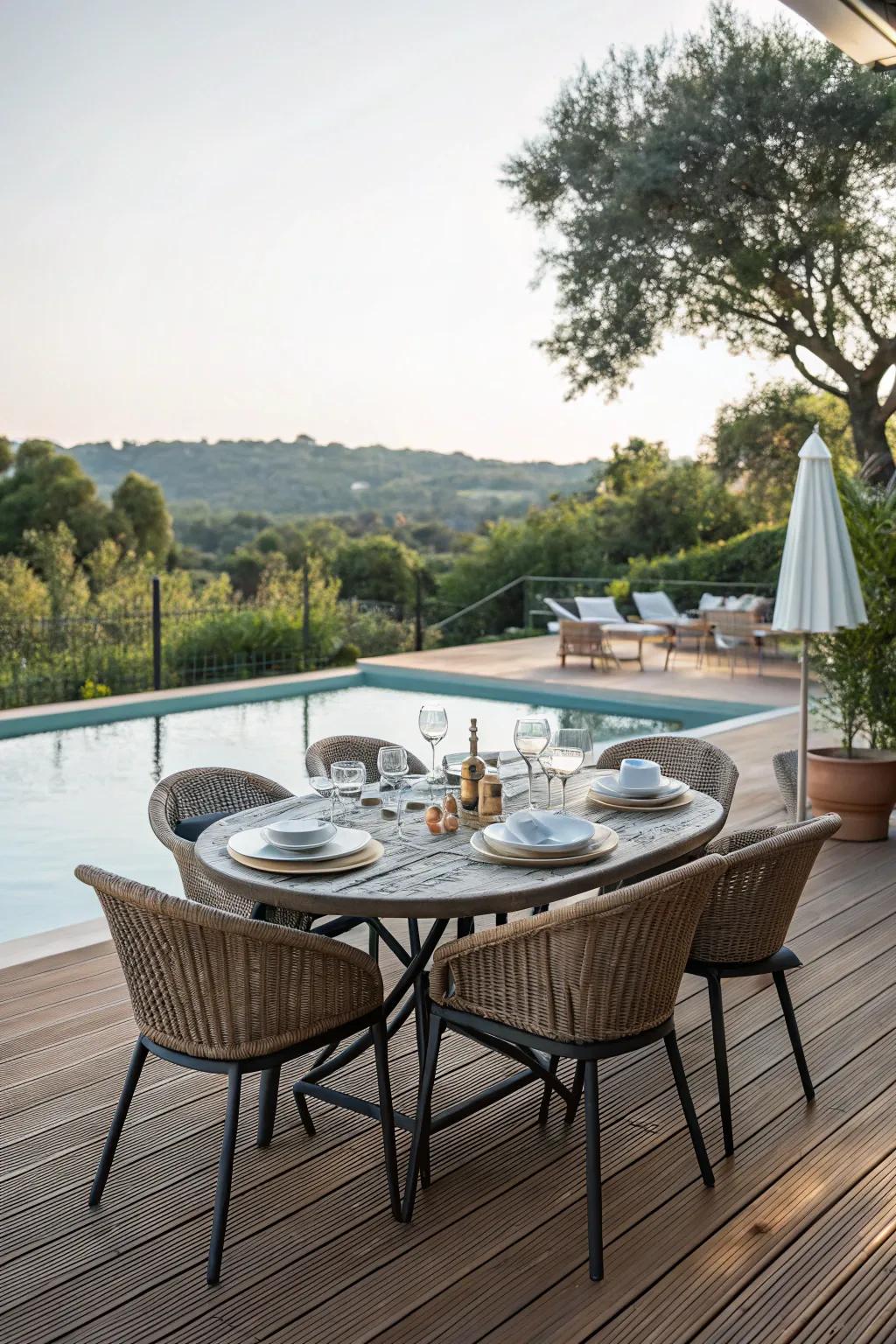 An elegant dining space by the pool is perfect for entertaining guests.
