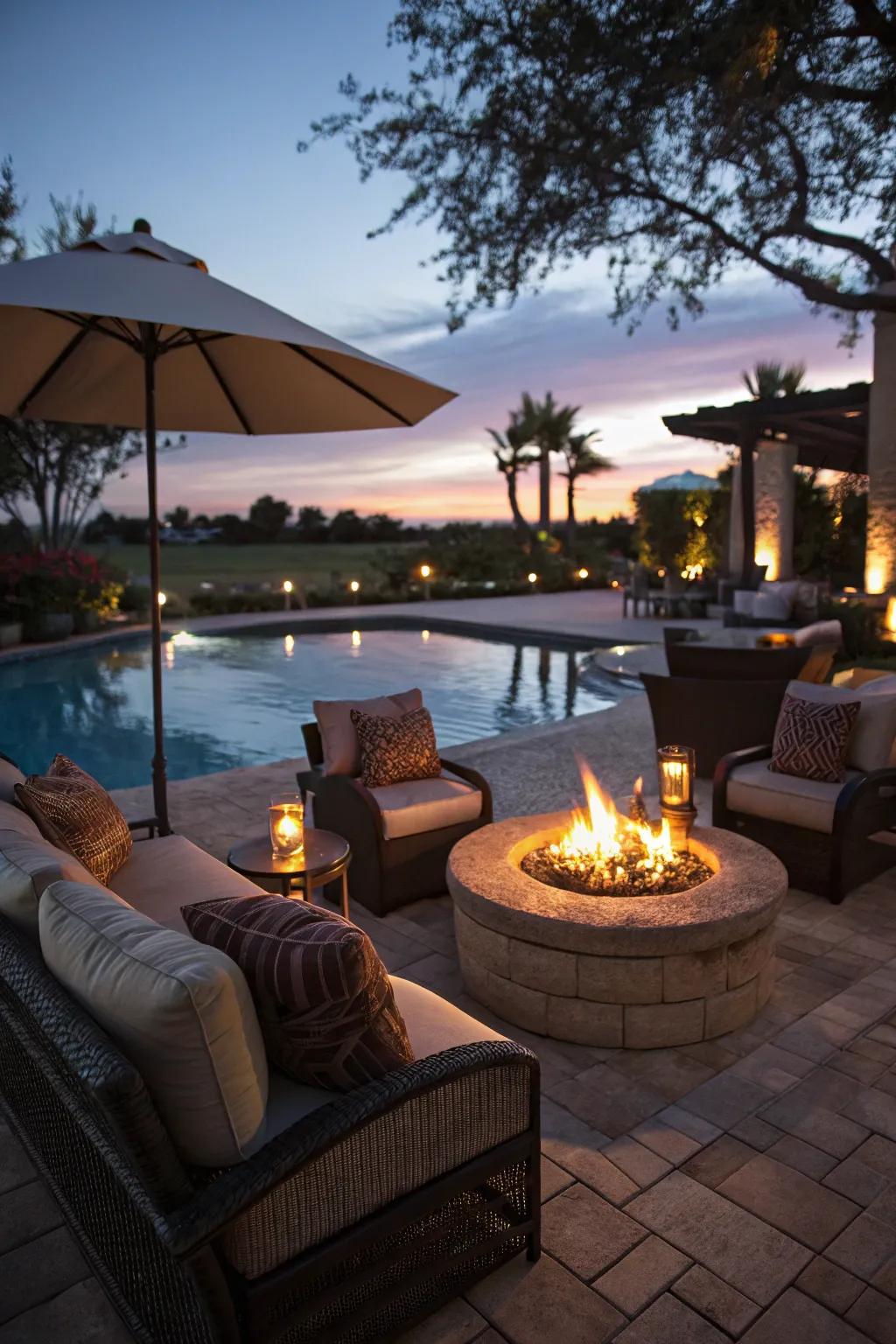 Fire pits add warmth and charm to poolside areas.