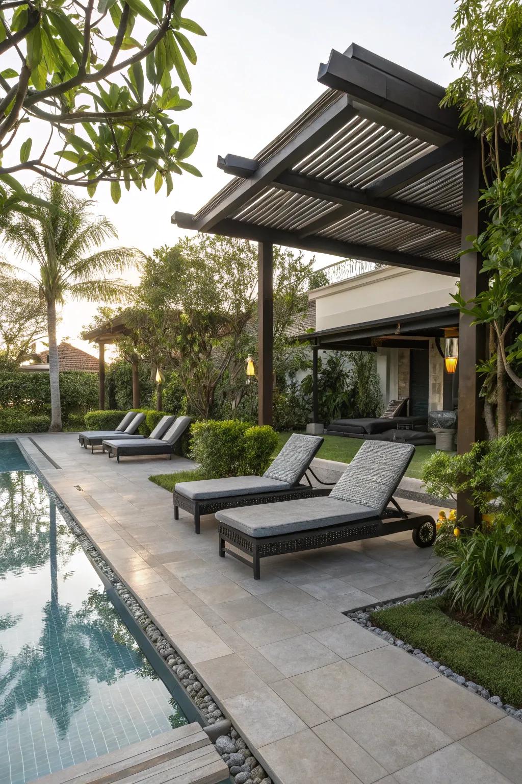 A thoughtfully designed terrace sector enhances the poolside experience.