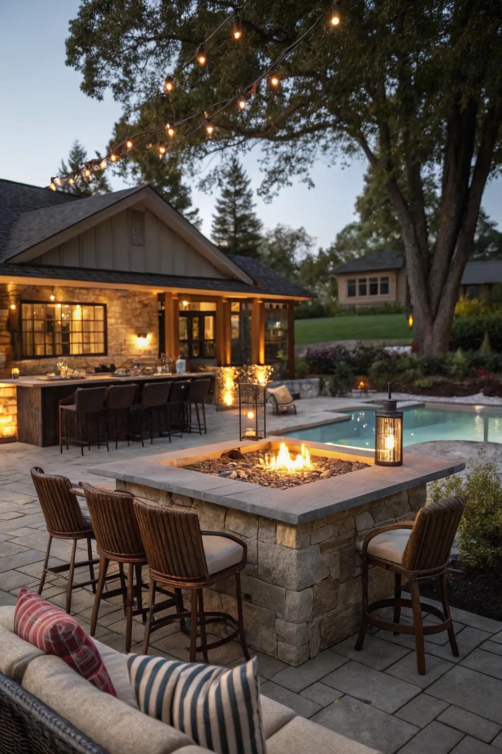 A hearth wet bar grants warmth and ambiance by the poolside.