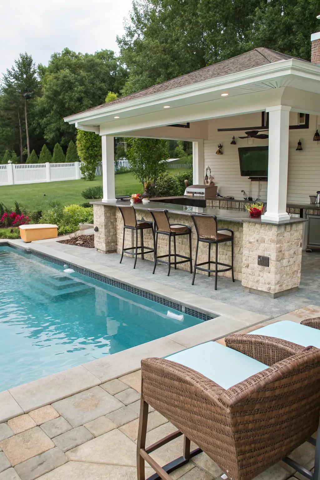 A stylish in-pool refreshment zone in a backyard pool.