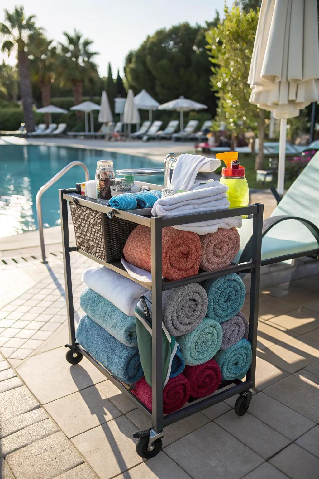 Convenient mobile towel carriage for adaptable storage.