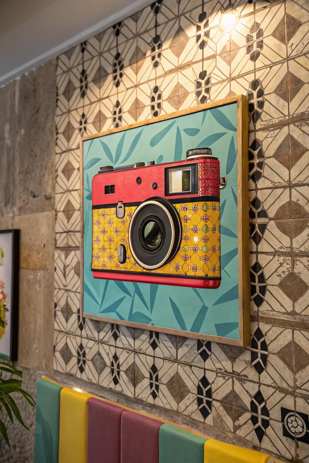 A pop-inspired artwork of a vintage camera incorporates nostalgic charm.