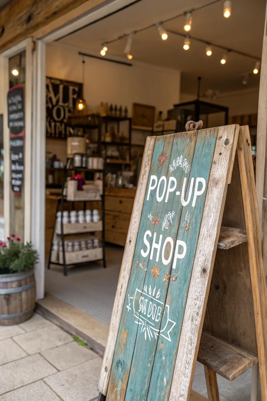 Primitive timber sign conveying warmth and genuineness at a pop-up boutique.
