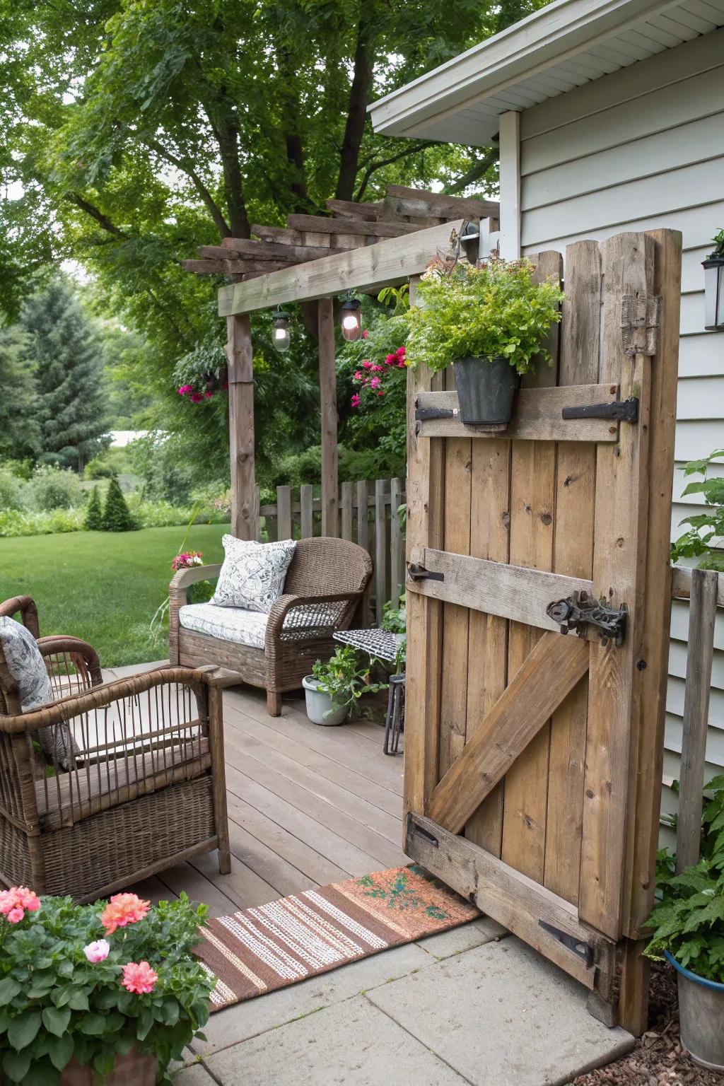 A do-it-yourself pallet entrance introduces rustic charm on a budget.