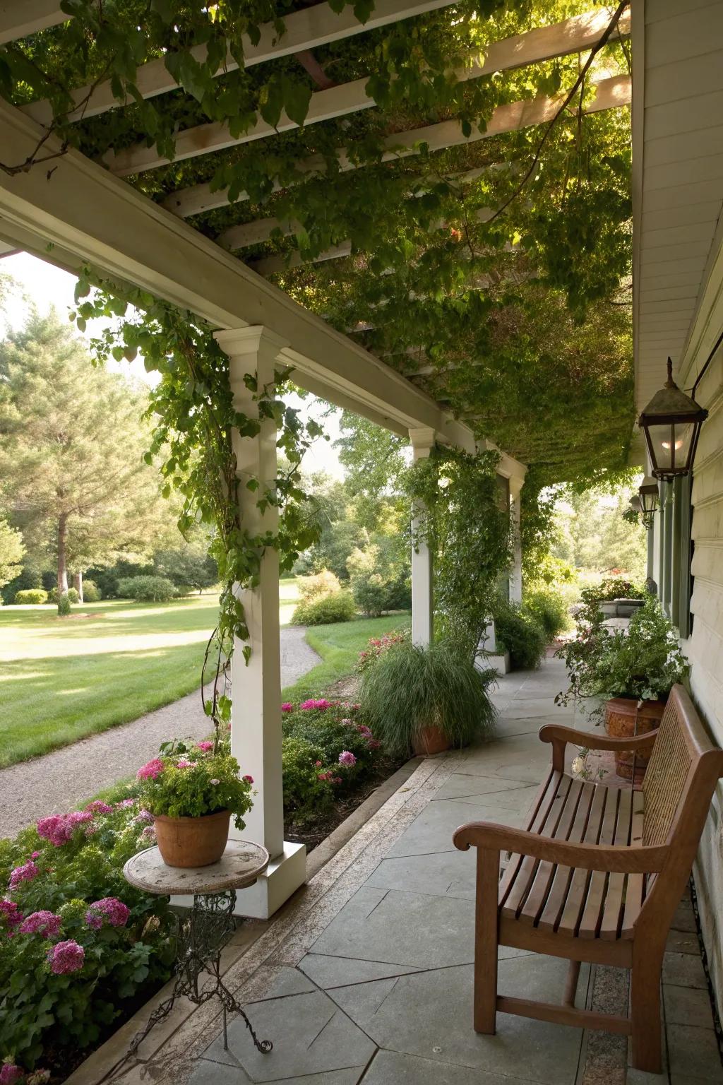A fascinating pergola featuring verdant vegetation.