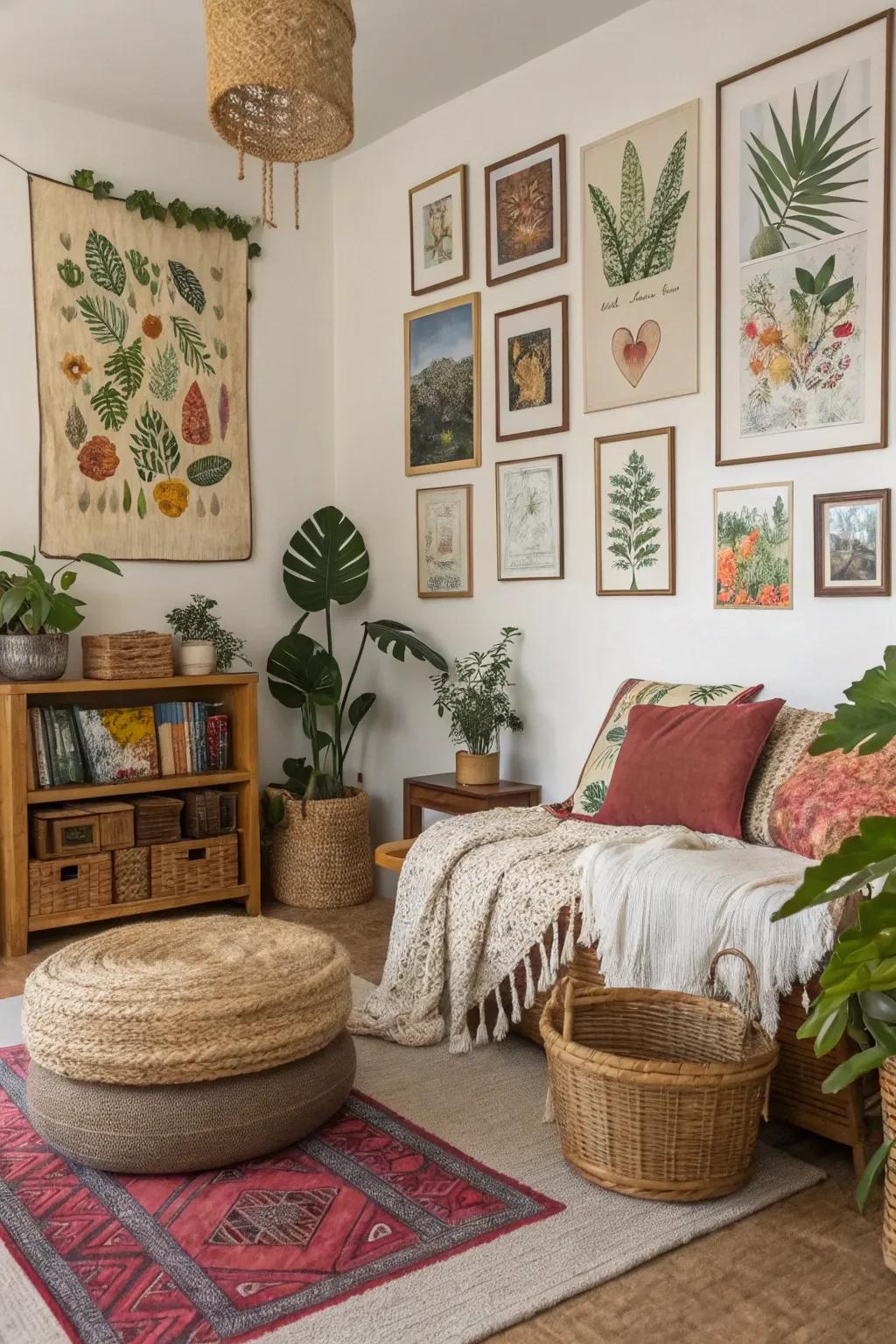 A bohemian-themed space embellished with posters celebrating the beauty of nature.