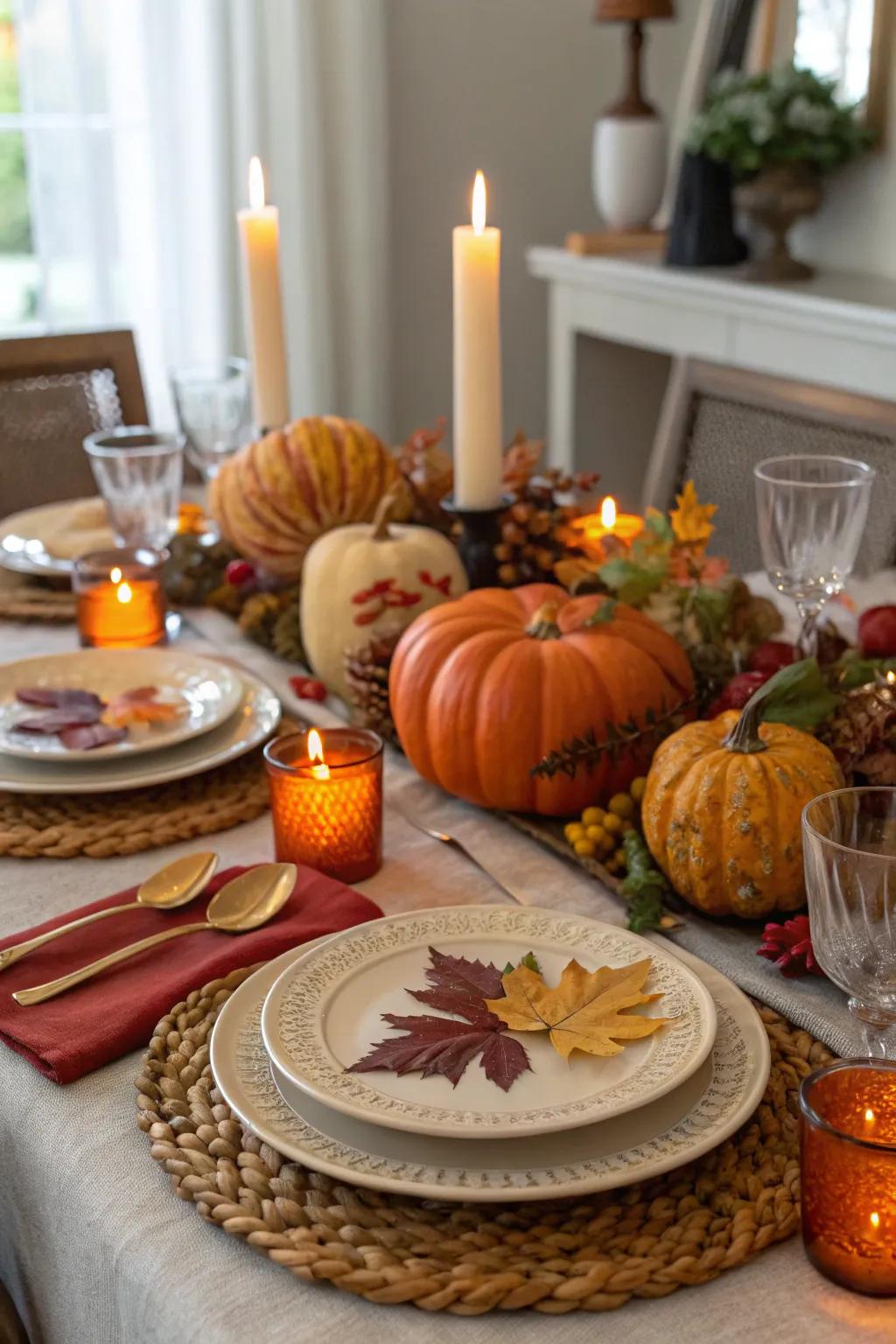 A celebratory tablescape showcasing pumpkin-themed elements.