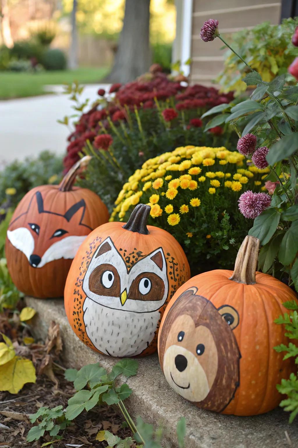 Zoological countenance pumpkins are suited for a whimsical impression.