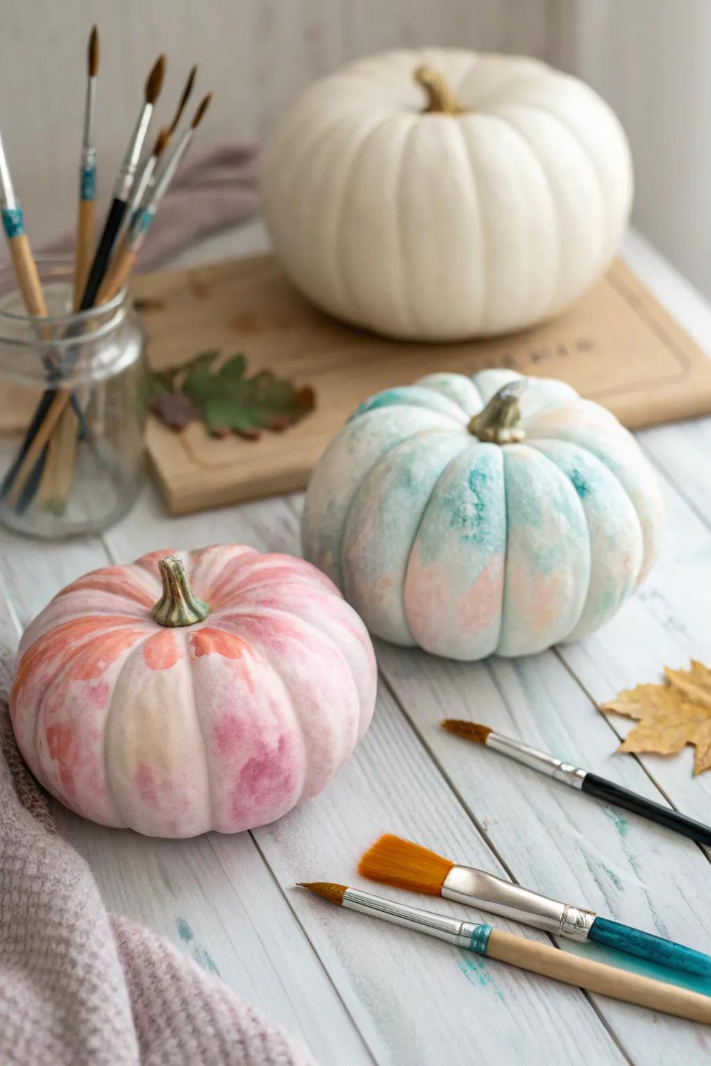 Realize an artistic vision through watercolor wash designs on pumpkins.