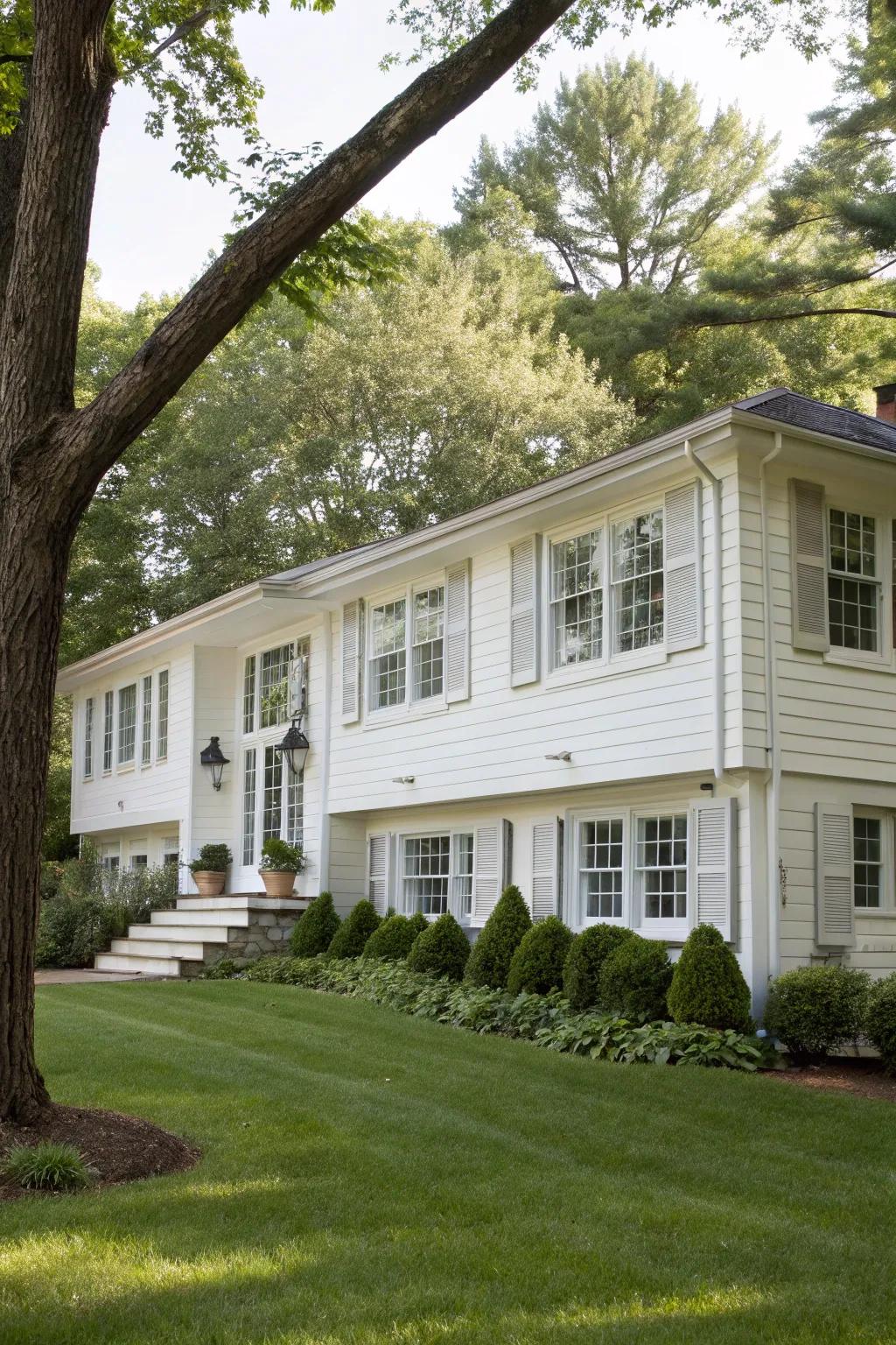 Charming fenestrations with timeless pristine window dressings on a raised ranch dwelling.