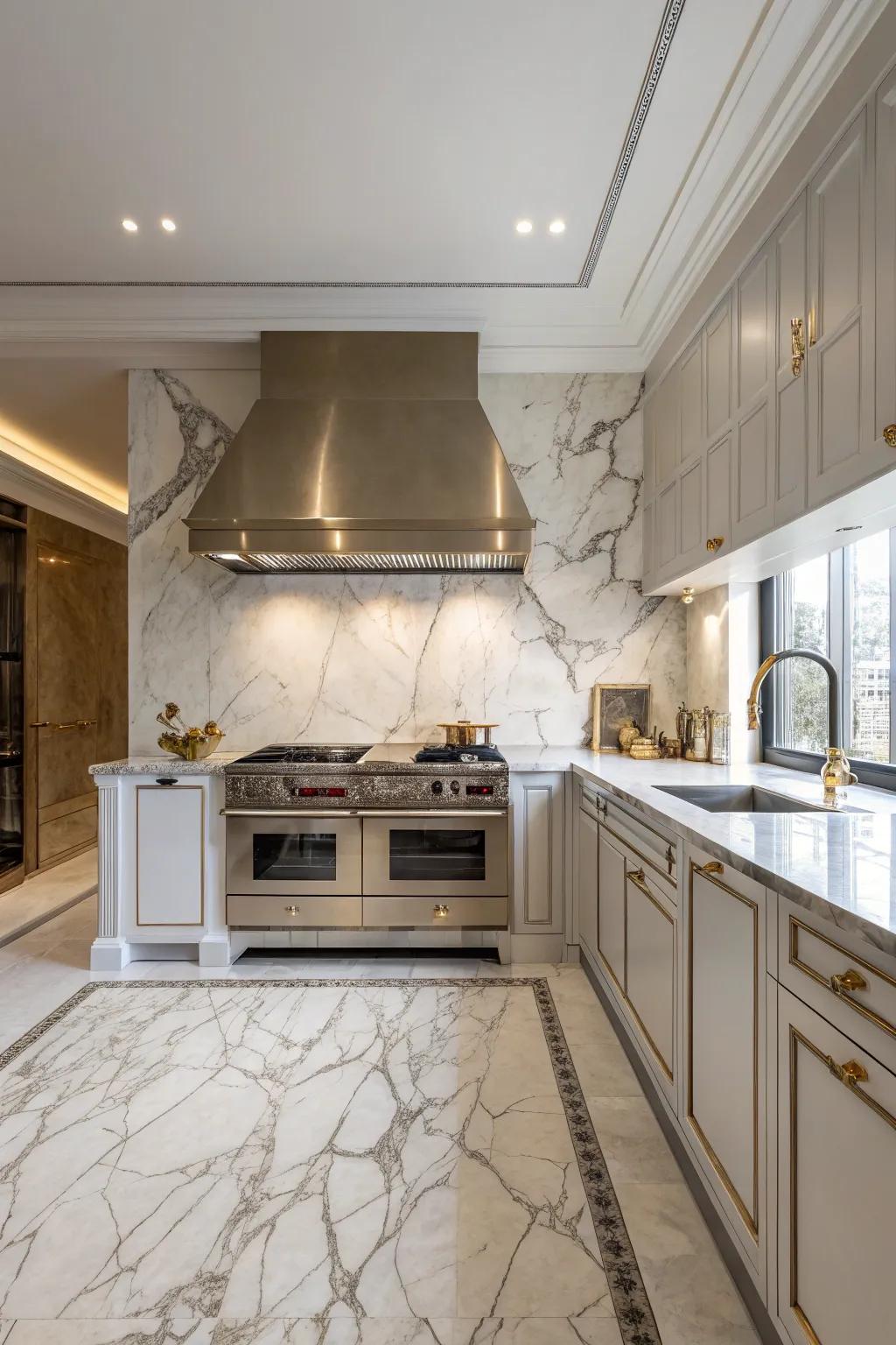Lavish kitchen design showcasing a premium stone backsplash and a complementary vent hood, epitomizing elegance.