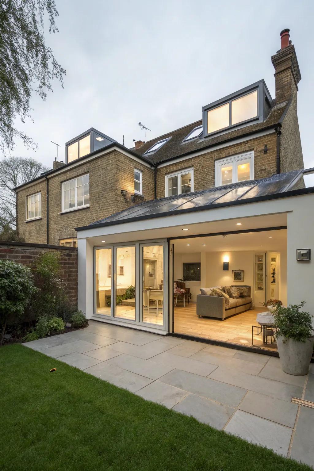 A rear house extension enhanced with skylights, creating a bright and airy atmosphere.