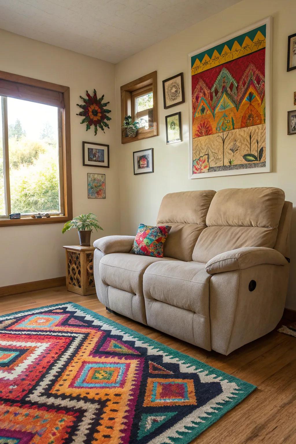 An elegant family room featuring decorative embellishments enhancing the reclining sofa.