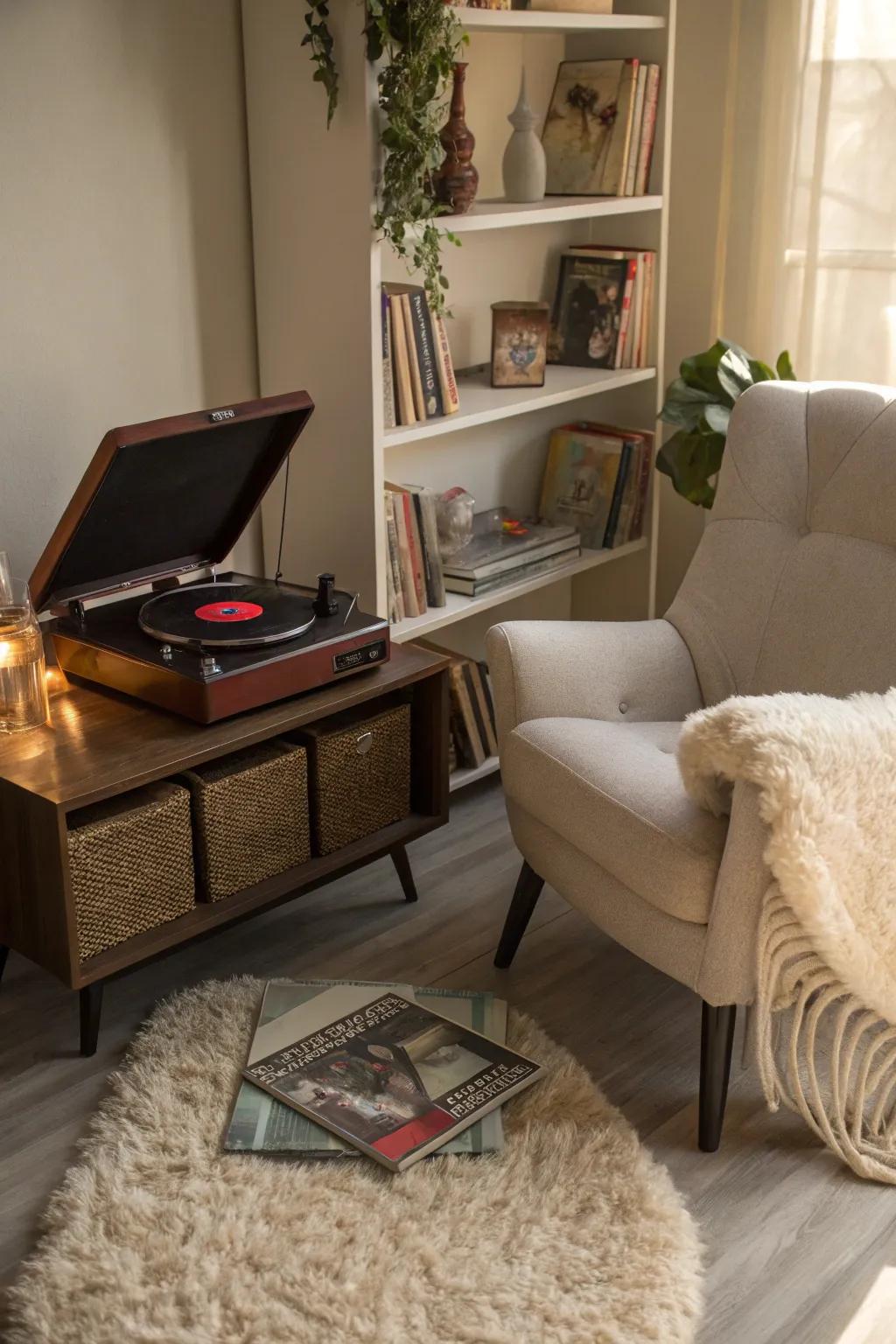 A cozy nook featuring a record player and comfortable seating area.