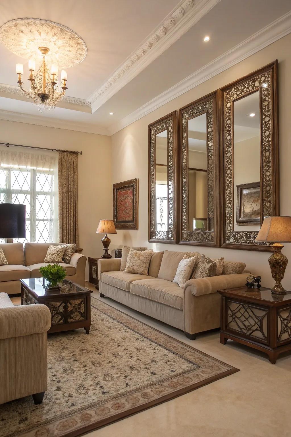 Mirrors broaden visual space and enhance room brightness.